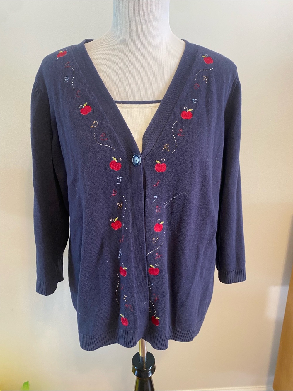 Vintage 90s School Teacher Apple Embroidered Cardigan Navy Blue V-Neck Sweater